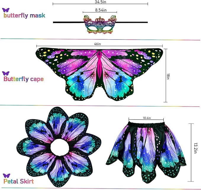 Kids Butterfly Wings Costume for Girls Fairy-Wings Toddler Dress Up Play Costumes Butterfly Skirt Set Mask Party Favors Gifts（Purple & Green+skirt sets）