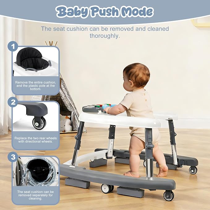 5-in-1 Baby Walker for Boys and Girls Music and Lights 6-18 Month, Foldable Baby Walkers with 5 Adjustable Heights, Infant Toddler Walker with Wheels and Combo Portable（Dark Gray）