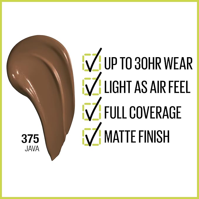 Maybelline Super Stay Full Coverage Liquid Foundation Active Wear Makeup, Up to 30Hr Wear, Transfer, Sweat & Water Resistant, Matte Finish, Java, 1 Count