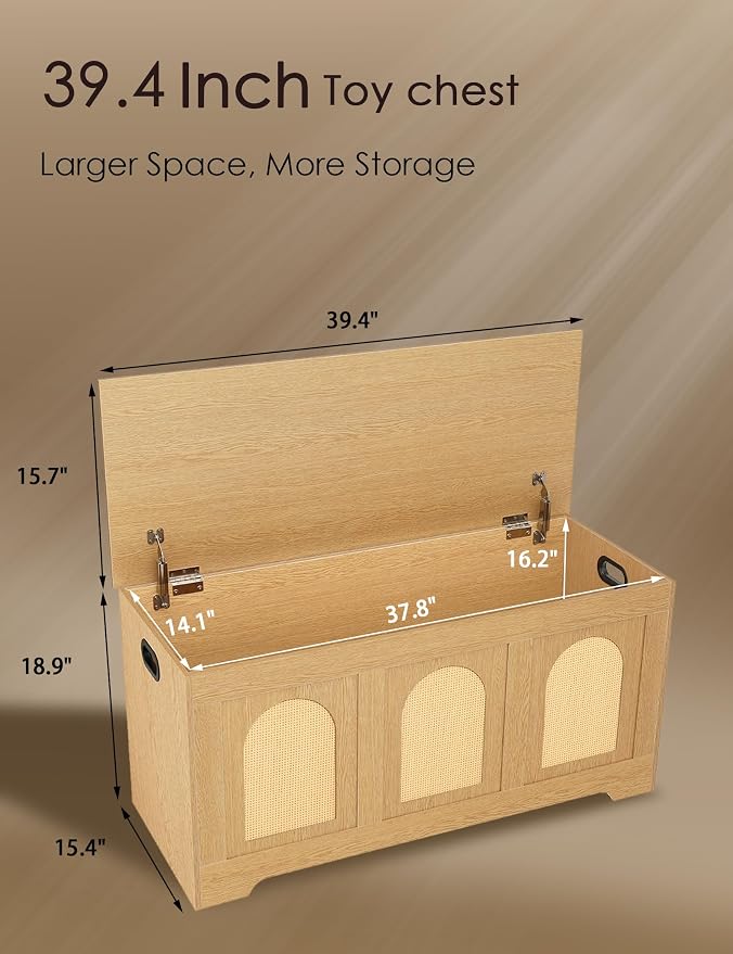 Storage Chest, Wooden Toy Box, Natural Oak 39.4" L | Entryway Shoe Bench, 2 Safety Hinges, Finger-safe Flip-Top, Easy Assembly, Farmhouse Large Trunk, Rattan, Living Room/Bedroom