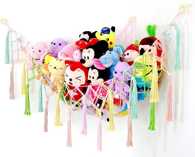 Large Stuffed Animal Net Toy Hammock Corner XL Hanging Net for Plush Toy Holder Boho Macrame Toy Display Stuffed Animal Storage Organizer for Kids Room, Nursery