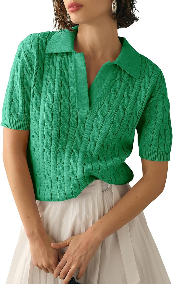 Imily Bela Womens Cable Short Sleeve Sweaters Tops Lapel V Neck Knit Shirt | Solid,Knit Casual,Soft Pullover,Fall Sweaters,Womens Summer Work Tops
