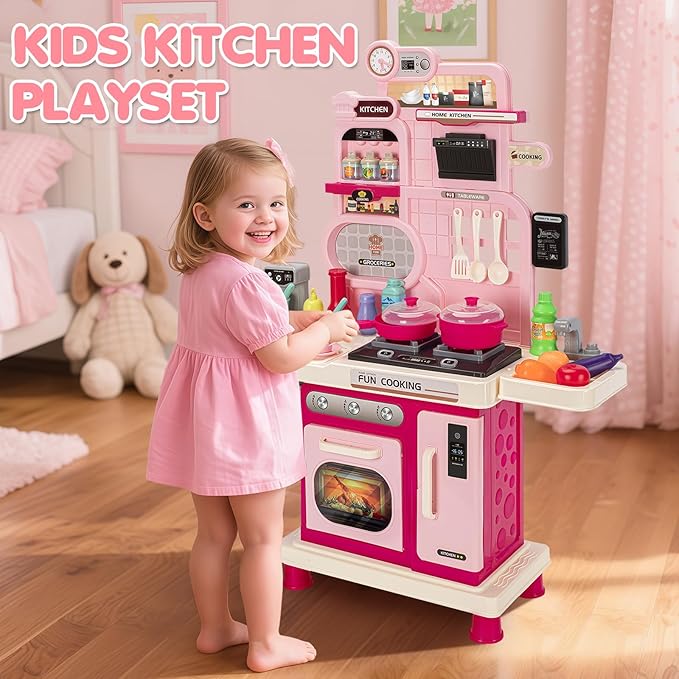 Kids Kitchen Playset, Toddler Play Kitchen Set Toys with Sound & Light, Cooking Stove, Play Sink, Play Food Kitchen Accessories, Pretend Kitchen Toy for Kids Toddlers Girls Ages (Pink)