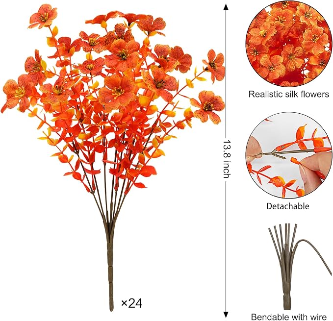 Ouddy Decor 24 Pcs Artificial Fall Flowers for Outdoors, Bright Orange | Lifelike faux mums, silk flower, UV resistant, no-maintenance, for autumn Thanksgiving garden porch yard indoor outdoor decor