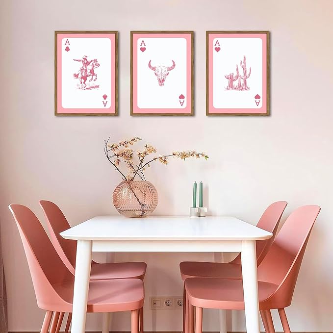 Set of 3 Western Cowgirl Wall Art Pink Bull Skull Wall Decor Painting Southwestern Playing Card Poster Canvas Prints Picture for Bedroom Living Room Wood Framed 16x24 inch