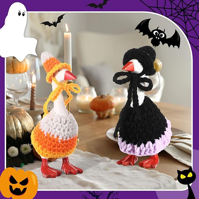 Halloween 7inch Desk Goose Outfits Mini Knitted Costume with Hat for Desk Magnetic Goose Key Holder Halloween Decor (Witch)(2 Sets,Witch and Candy Cone)