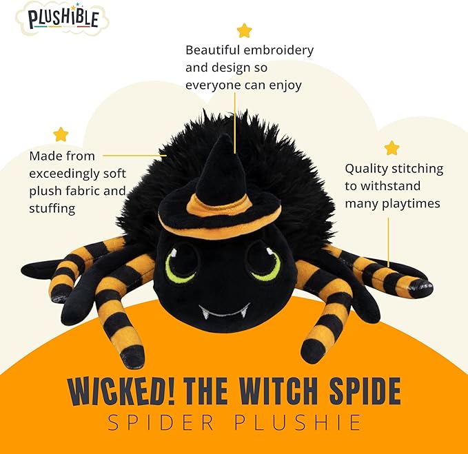 Wicked Fuzzy Spider Stuffed Animal with Witch Hat | Cute Halloween Plush | Surface Washable | Perfect for Spooky Home Decor - Wicked, 8 Inch