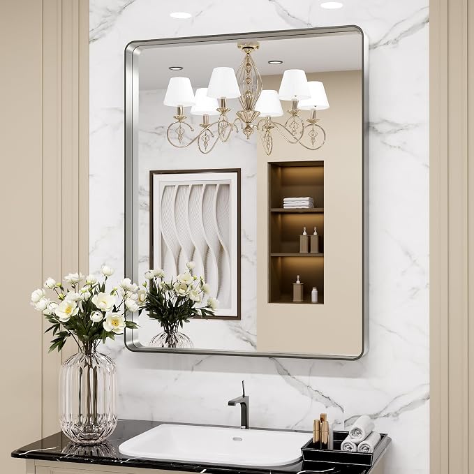 LOAAO 30X36 Inch Brushed Nickel Bathroom Mirror, Rounded Rectangle Silver Metal Frame Mirror, Brushed Nickel, Anti-Rust, Shatter Proof, Hangs Horizontally or Vertically | Rounded Rectangle, Silver Metal Frame, Anti-Rust, Tempered Glass, Hangs Horizonta...