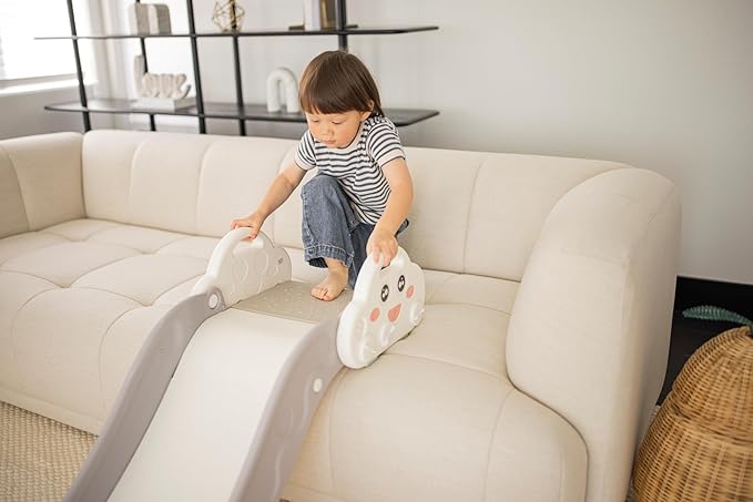 Indoor Kids Baby Couch Slide for Toddler 1-3, Sofa Slide Add-on Attachment for Bed Nugget Playgrounds, with Secure Base Guardrail, Gentle Slope Extended Buffer Zone, Fun Cute Cloud Design, White