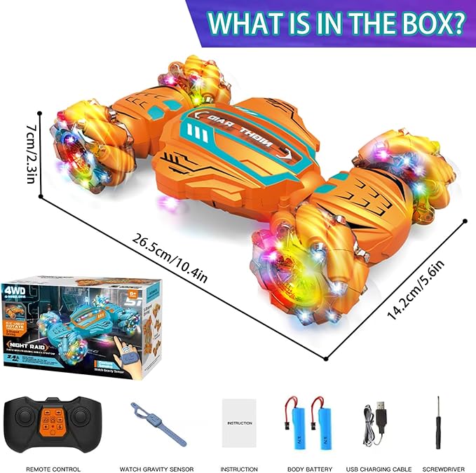 Gesture Sensing RC Stunt Car-Best Gifts for Boys 6-12 Years Old,2.4GHz 4WD Remote Control Twist Car with 360° Rotation, Music & Cool Lights,Off-Road Vehicle with Dual Batteries (Orange)