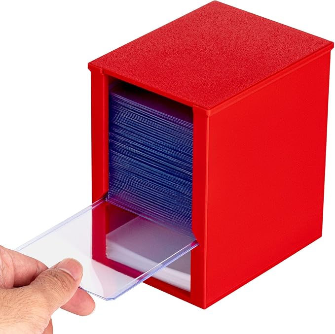 Toploader Dispenser & Penny Sleeve Holder - Dual Compartment Holds 250 Penny Sleeves & up to 50 Top Loaders, Stackable Card Storage Box with Dustproof Lid (Red)