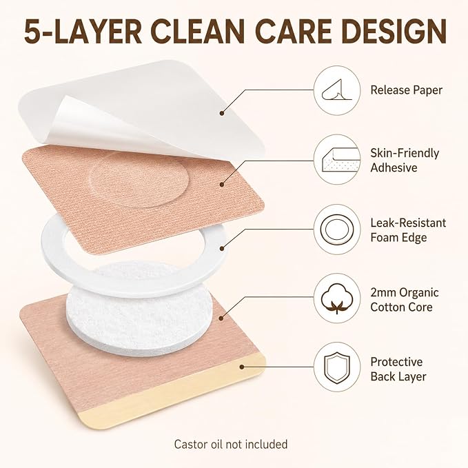 100Pcs Castor Oil Patches, Organic Cotton Castor Oil Pack Wrap Disposable Self-Adhesive Belly Button Patch Cover for Castor Oil, Mess-Free Anti Leakage No Wash Castor Oil Packs for Stomach