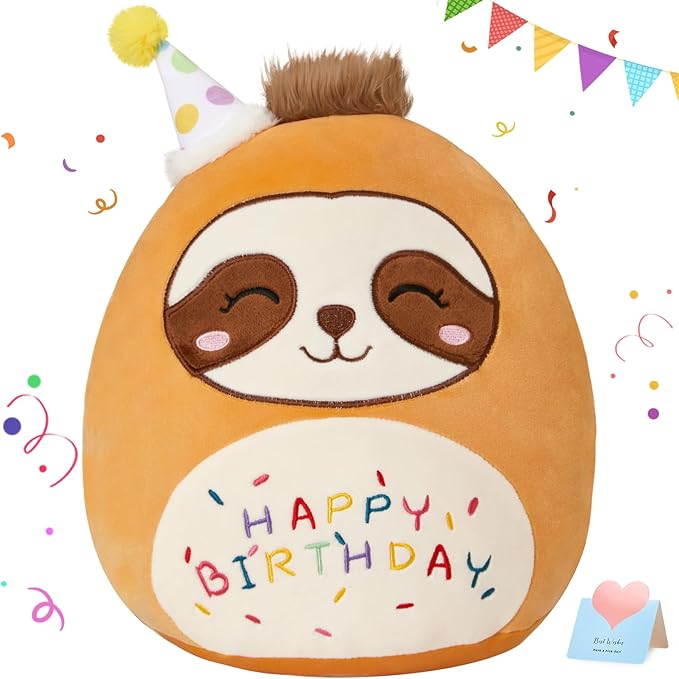 15" Birthday Sloth Plush Stuffed Animals Original Cute Sloth Plushie Large Cuddle Pillow Happy Birthday Gift for Kids Boys Girls