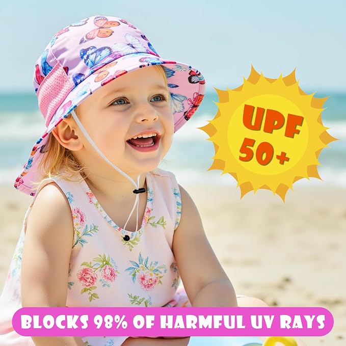 Toddler Baby Sun Hat Kids Summer Beach Essentials Adjustable Beach Hats with Bucket Wide Brim for Boys Girls Age 0-14 Years