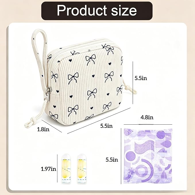 Corduroy Period Pouch for Women, Cute Sanitary Pad Pouch with Zipper, Portable Tampon Holder for Purse, Sanitary Napkin Storage Bag for Travel (Black Cute Bow)