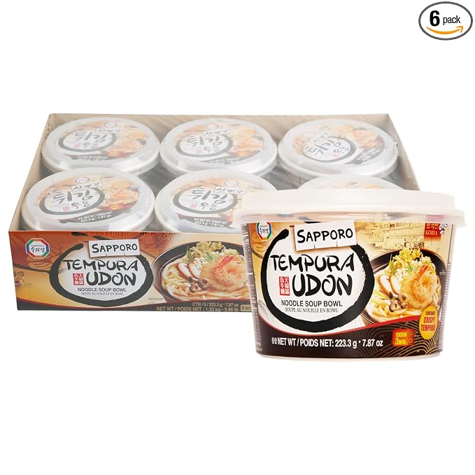 Surasang Tempura Udon Noodle Bowl, Instant Noodles with Tsuyu Soup Base | Katsuobushi & Tempura Flakes, 3-Minute Microwave Meal, 7.87 oz, Pack of 6