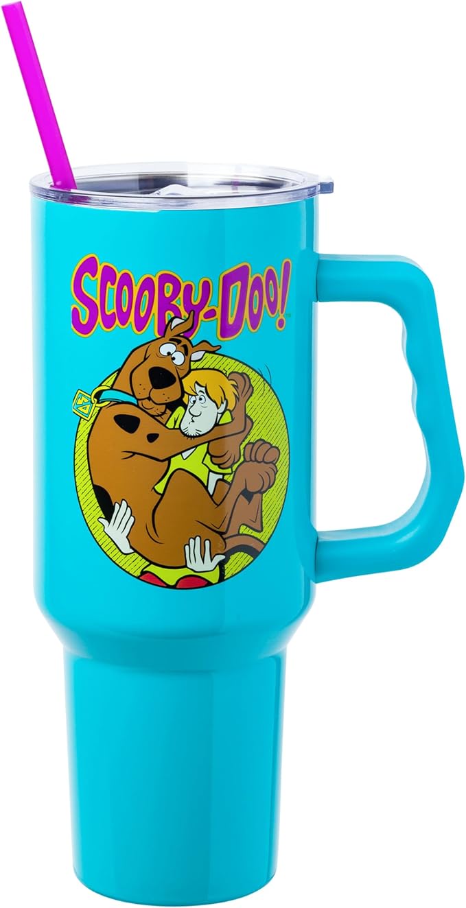 Silver Buffalo Scooby-Doo Featuring Scared Shaggy and Scooby Double Walled Stainless Steel Tumbler with Handle and Straw, Fits in Standard Cup Holder, 40 Ounces