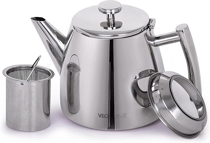 VeoHome Stainless Steel Tea Pot with Infuser - Keeps Heat Thanks to its Double Wall, Silver (1 Liter (34 oz))…