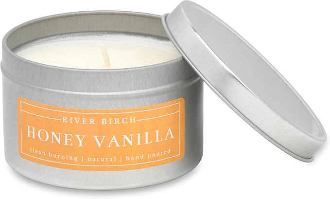 River Birch Candles Honey Vanilla Scented Candle | Premium, All-Natural, Non-Toxic, Soy Wax | 8 oz. Silver Travel Tin | Cozy Relaxing Gifts for Home