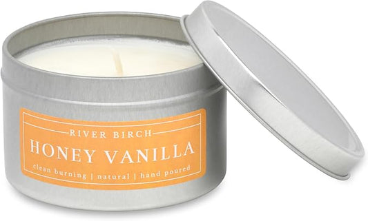 River Birch Candles Honey Vanilla Scented Candle | Premium, All-Natural, Non-Toxic, Soy Wax | 8 oz. Silver Travel Tin | Cozy Relaxing Gifts for Home
