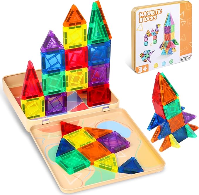 60 PCS Mini Magnetic Tiles, Travel Magnetic Tiles Magnetic Building Blocks with Iron Box, Portable Travel Toys for Kids Ages 4-8, STEM Learning Educational Construction Travel Toys for Toddlers 3-5