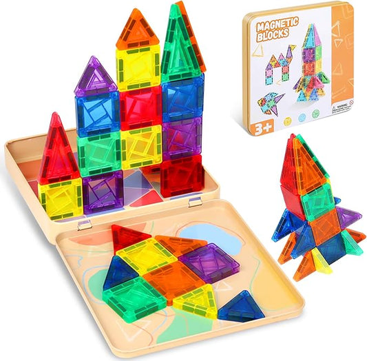 60 PCS Mini Magnetic Tiles, Travel Magnetic Tiles Magnetic Building Blocks with Iron Box, Portable Travel Toys for Kids Ages 4-8, STEM Learning Educational Construction Travel Toys for Toddlers 3-5