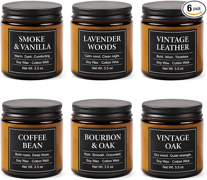 Candles for Men Gift Set, 6 x 3.5 oz / 100 g Scented Soy Candles for Home, Masculine Aromatherapy Candles Gifts Sets for Birthday Father's Day Anniversary Christmas Men