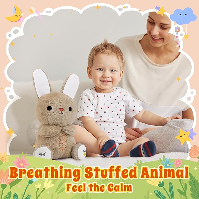 BRICHOEE Breathing Stuffed Animal, Soothing Bunny Stuffed Animal with Moving Ears, Breathing Motion, Calming Sound and Light for Baby Sleep Companion Portable Plush Toy Gifts for Kids Adults Newborns