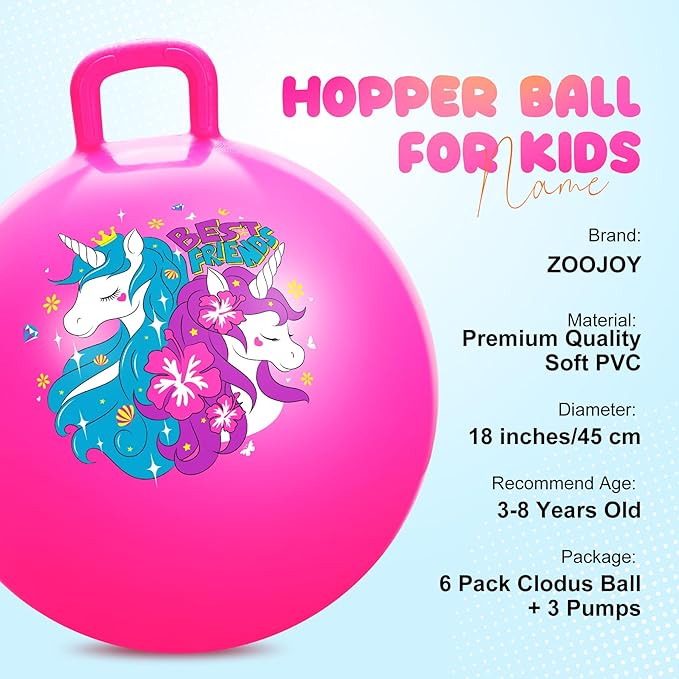 ZOOJOY 6pcs Hopper Balls for Kids 3-8, 18In Dinosaur & Unicorn Bouncy Ball with Handle, Sit on Hopping Toys for Sport/School/Team Active Play, Hippity Hop Ball for Indoor Outdoor Games with Pump