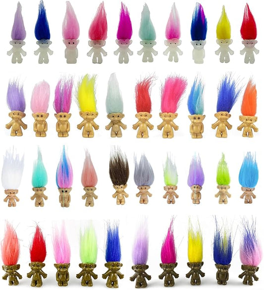 40pcs Luminous Mini Troll Dolls Glow in The Dark Vintage Action Figures Troll Dolls 1.2" Bodies, 2.3" Hair. Cake Toppers School Project, Arts and Crafts (40pcs)