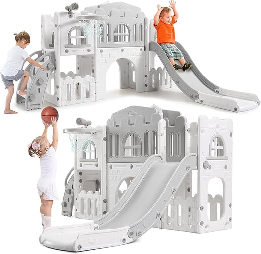 8 in 1 Toddler Slide Indoor Playground, Indoor Slide Toddler Playset for Toddlers 1-3, Kids Outdoor Playground with Basketball Hoop, Climber, Crawling Tunnel, Telescope, Toy Storage