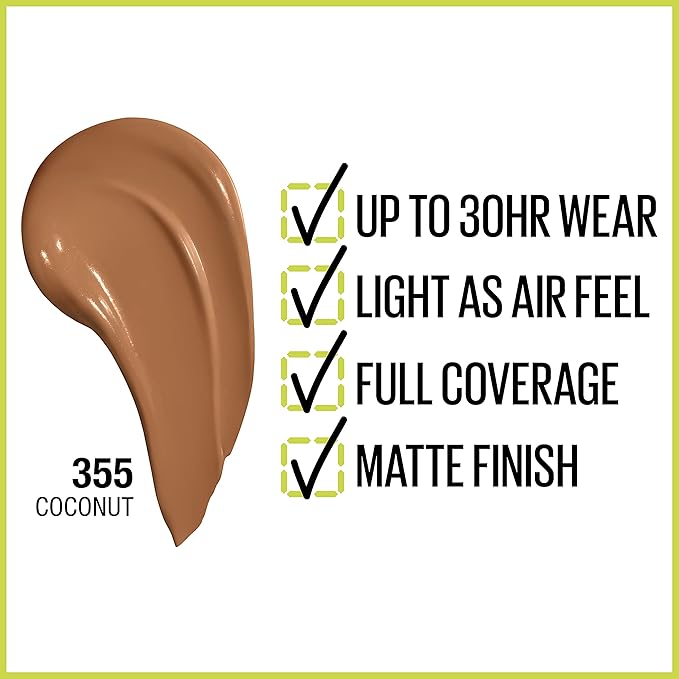 Maybelline Super Stay Full Coverage Liquid Foundation Active Wear Makeup, Up to 30Hr Wear, Transfer, Sweat & Water Resistant, Matte Finish, Coconut, 1 Count