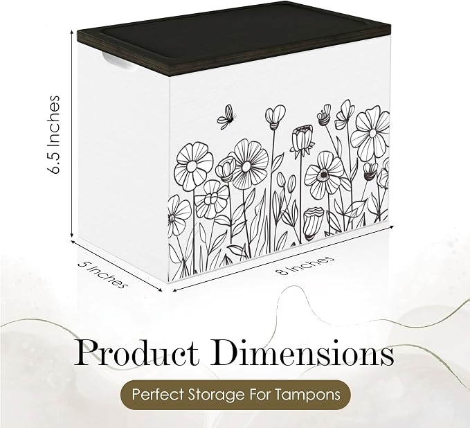 HOTCAN Discreet Wooden Tampon Holder for Bathroom with Built-In Vanity Lid | Feminine Pads Dispenser Organizer for Bathroom Countertop | Compact and Elegant Design | Multiple Mounting Options (Floral)