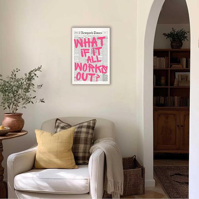 Drimiler Retro Newspaper Pink Font Poster What If It All Works Out Canvas Wall Art Positive Affirming Quote Minimalist Prints Painting For Home Bedroom Dorm Wall Decor 12x18in Wframed