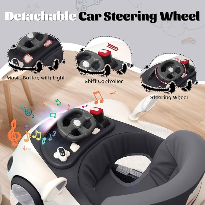 Baby Walker, 4-in-1 Baby Walker with Wheels Portable, Foldable Infant Toddler Walker for Boys Girls 6-18 Month,Removable Footrest,Car Steering Wheel & Music, Adjustable Push Walker Black