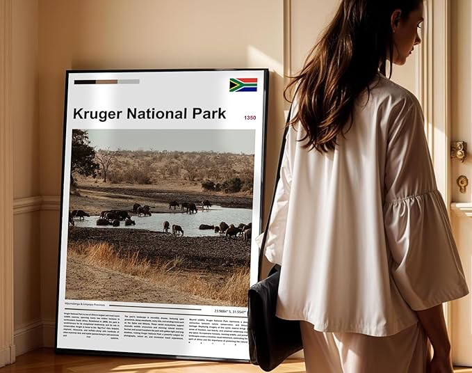Poster Kruger National Park Wall Art Original Design(17"x11" Metal Frame) South Africa Safari Wildlife Print African Buffalo Savanna Landscape Nature Scenery Travel Landmark Series Picture
