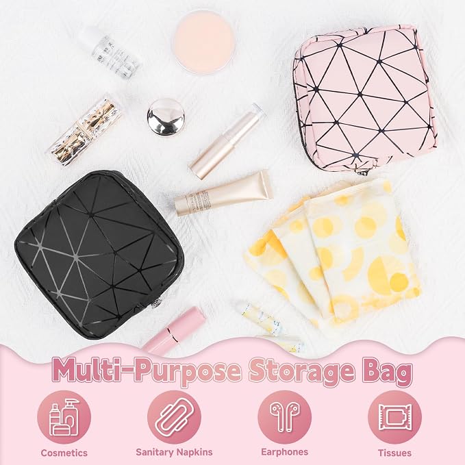 Discreet Period Bag Waterproof Geometric PU Sanitary Napkin Storage Bag Portable Menstrual Pad Pouch Cute Tampon Bag for Purse Small Makeup Bag S-Apricot