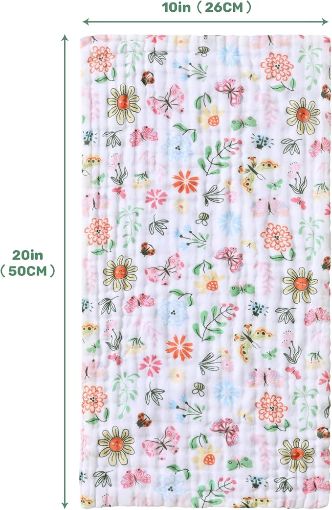 Viviland Baby Muslin Burp Cloths, Super Absorbent Washcloths for Baby Girl and Boy, 10 x 20 inches 6-Layer Baby Bath Towels, Flowers & Butterflies 4 Pack