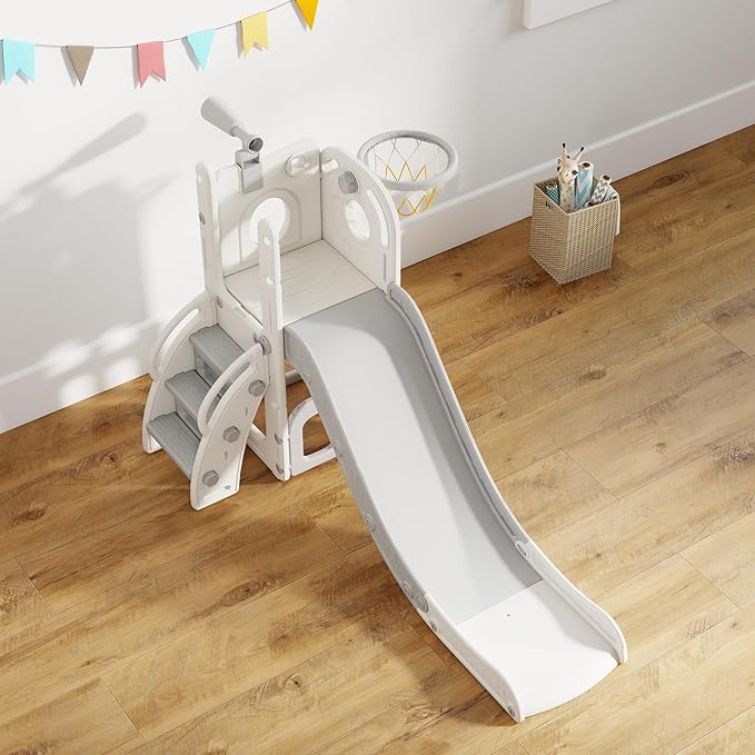 kinbor 6 in 1 Toddler Slide PlaySet - Indoor Outdoor Fun for Kids Ages 1-3, Includes Basketball Hoop, Telescope, Storage & Climber, Safe, Sturdy Baby Slide for Backyard Playground, White+Gray