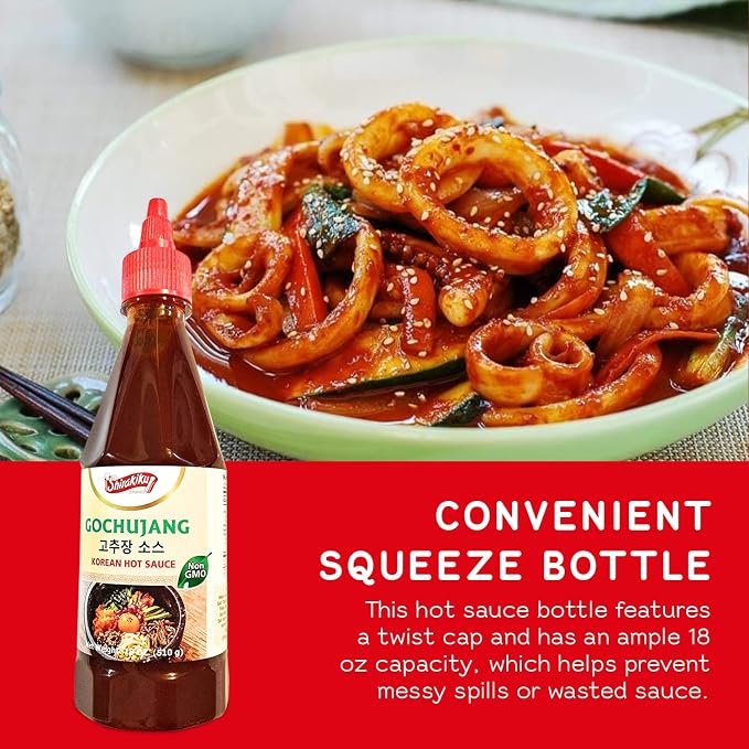 Shirakiku Gochujang Hot Sauce | Korean Non-GMO With Soybean, Tapioca Syrup Base and Salt | Perfect for Authentic Asian Cuisine | Convenient Squeezable Bottle with Twist Cap 18 oz