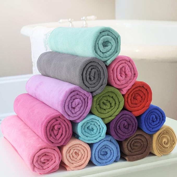 JML Microfiber Towels, Bath Towel Sets (6 Pack, 27" x 55") - Extra Absorbent, Fast Drying, Multipurpose for Bath, Swimming, Fitness, Sports, Yoga, Blue/Brown/Purple
