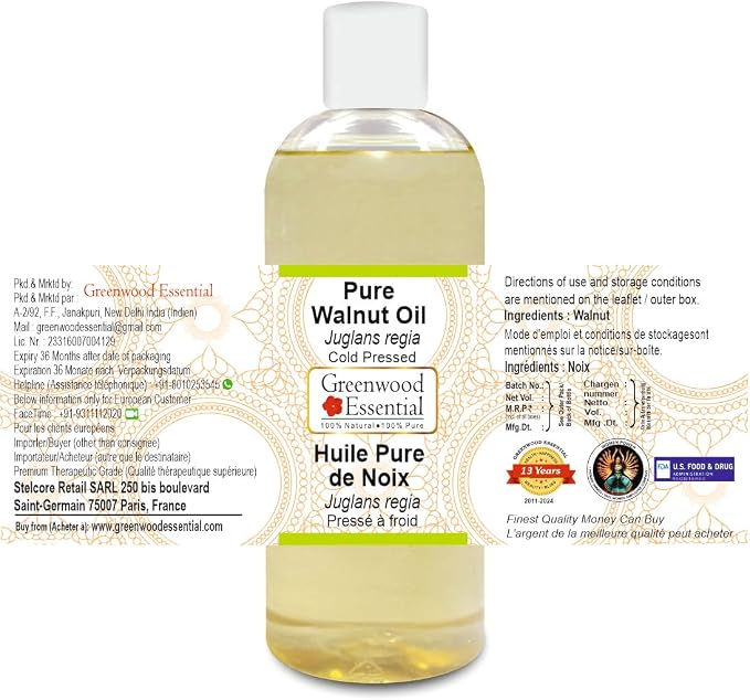Greenwood Essential Walnut Oil (Juglans regia) | Cold Pressed | Natural | Undiluted | For Diluting Essential Oils | For Skin & Massage | Men & Women | 200ml (6.76 oz)