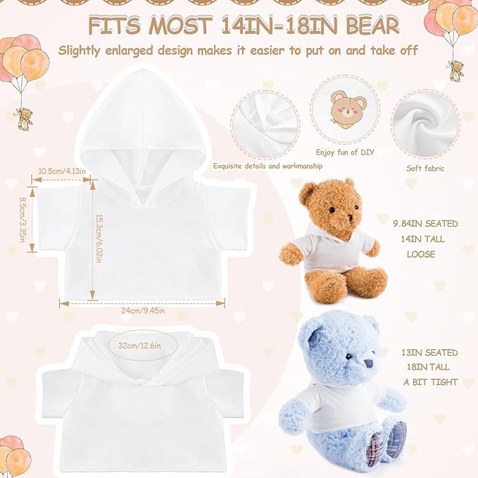 18 Pcs Stuffed Bear Clothes Sublimation Blank Bear Shirt Doll T-Shirts Stuffed Animal Tshirt Basic Hoodie Easy to Wear Fit 14-18 Inches Stuffed Dolls
