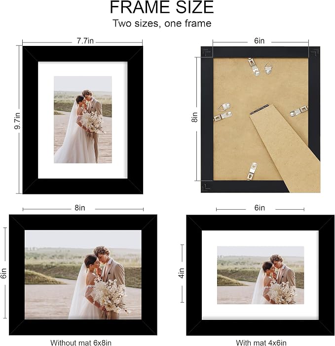 Hongkee 6x8 Picture Frame Set of 4, Made of Real Glass and Black Frame - Display Picture 4x6 with Mat or 6x8 Without Mat, 6 by 8 Photo for Wall or Tabletop