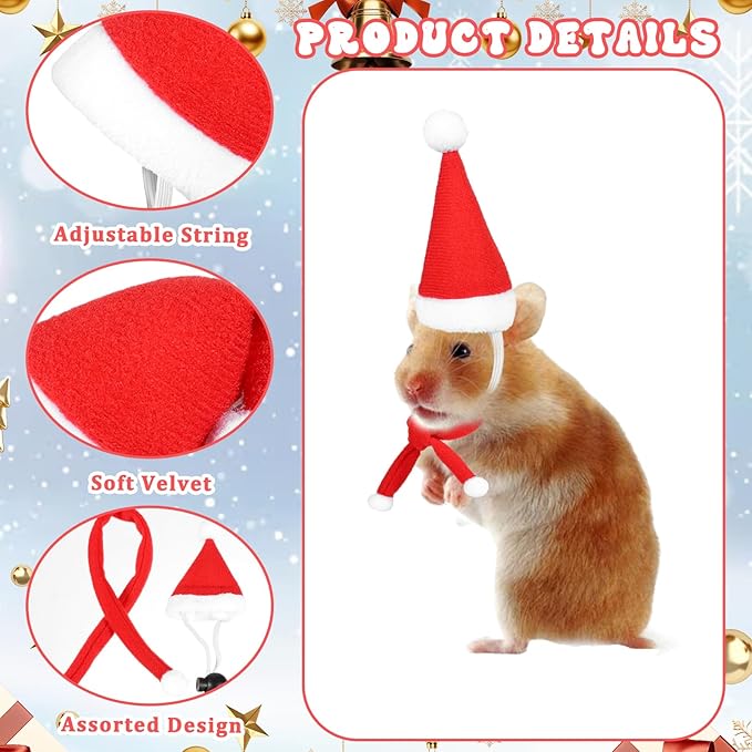 12pcs Christmas Pet Chicken Hat Scarf Set, Mini Adjustable Santa Hat Small Animal Hat Costume Set for Doll Hen Duck Hamster Guinea Pig Rabbit Kitty Puppy Parrot Lizard Xmas Cosplay Party Supply