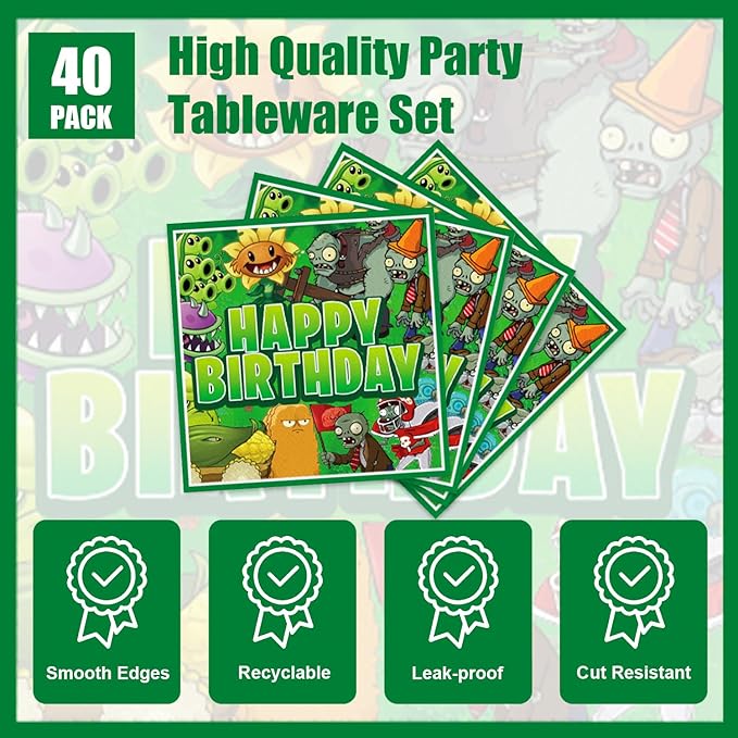 40Pack Plants Zombies Birthday Party Supplies include 20 plates, 20 napkins for Plants Zombies party decoration