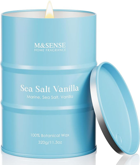 M&SENSE Sea Salt Vanilla Beach Scented Candles, Coastal Soy Candle, Summer Candle for Stress Relief Meditation Relaxing, Housewarming Gifts for Women Men, 11.3oz 70 Hour Long Burning