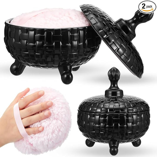 Tioncy 2 Pcs Extra Large Dusting Powder Puff and Container for Women-6'' Glass Crystal Dusting Powder Container with Body Soft Washable Reusable Velour Face(Black,Weave Design)