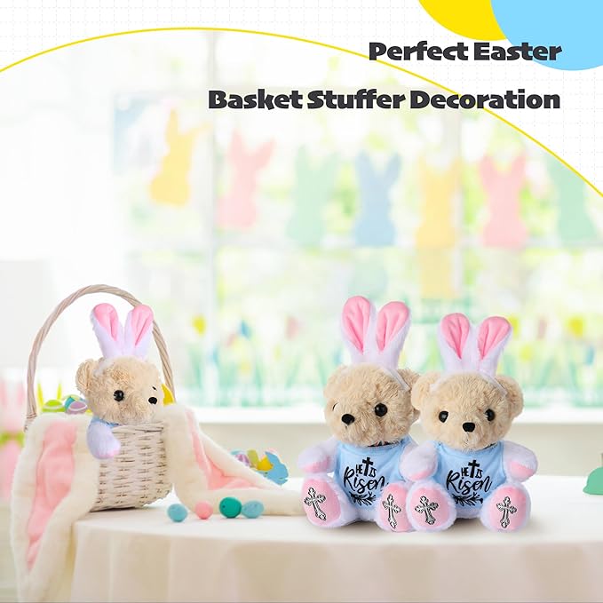 Easter Stuffed Animal Teddy Bear with Bunny Ears Headband, 8 Inch Soft Plush Toy Easter Gift for Kids, Easter Basket Stuffer for Boys Girls, Easter Plush for Spring Decor | He is Risen