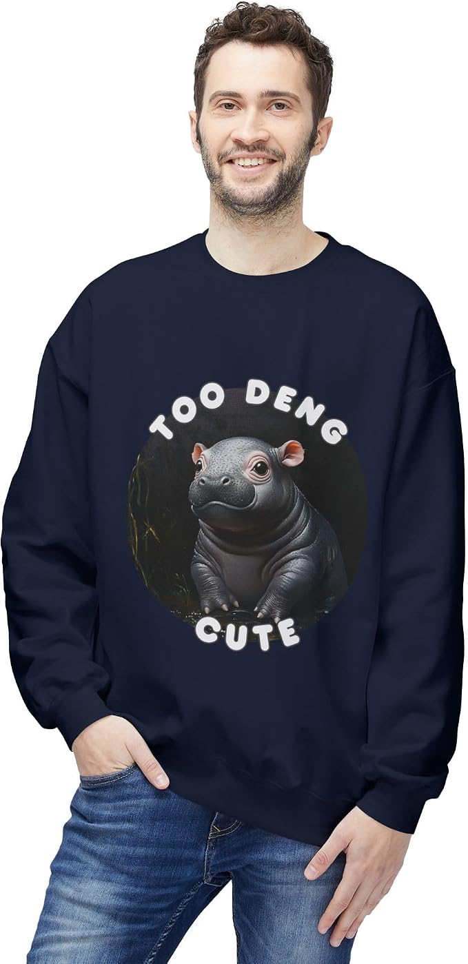 Unisex Fleece Crewneck Sweatshirt - Too Deng Cute Moo Deng Hippo, Cozy Cotton Blend, Classic Relaxed Fit